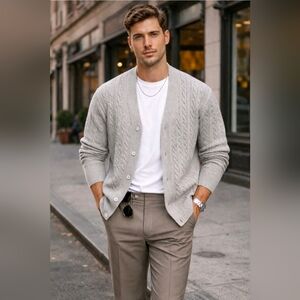 Advisory Board Crystals Mens Grey Cable Knit Cardigan Cotton Button Front  Sz M